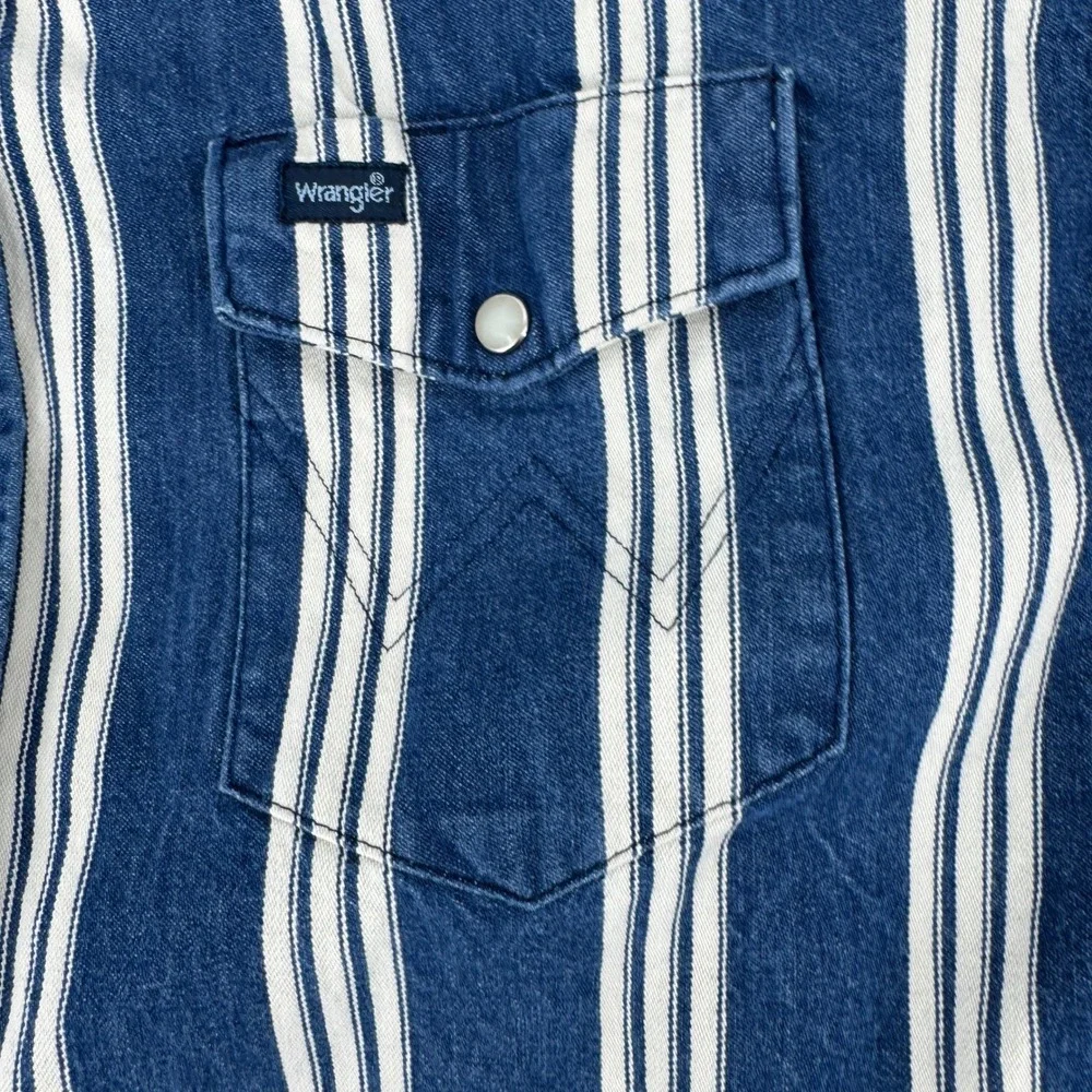 Vintage Wrangler Pearl‎ Snap Denim Western Shirt Mens 19 Blue White Striped